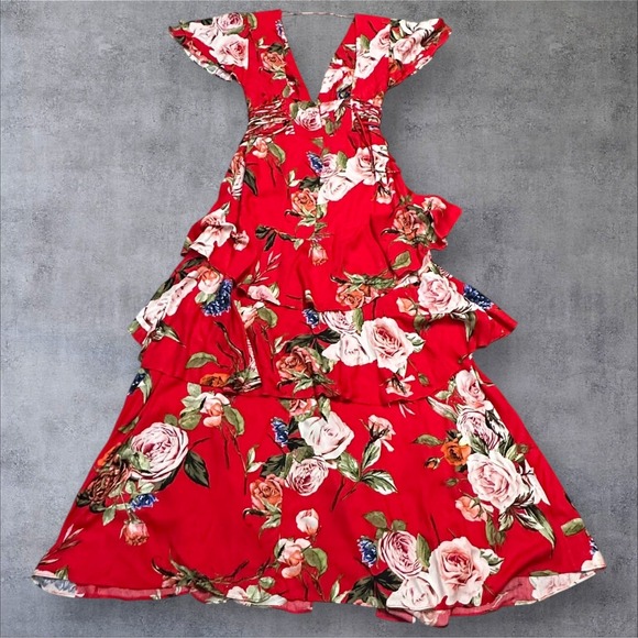 AFRM Micah Corset Tiered Maxi Floral Dress Slit Flutter Sleeves Size Small Read - Picture 14 of 14